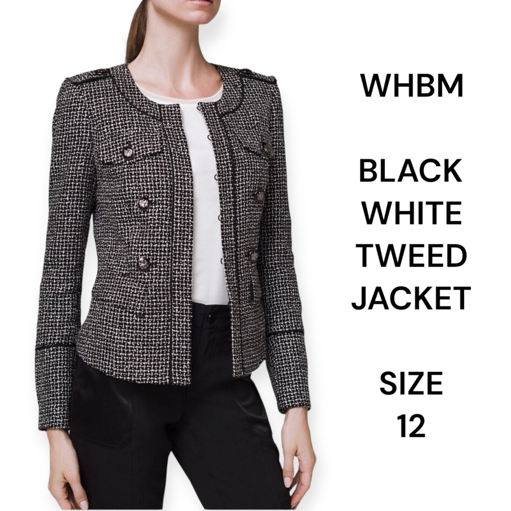 WHBM BLACK WHITE TWEED MOTO JACKET TAILORED COLLARLESS size 12